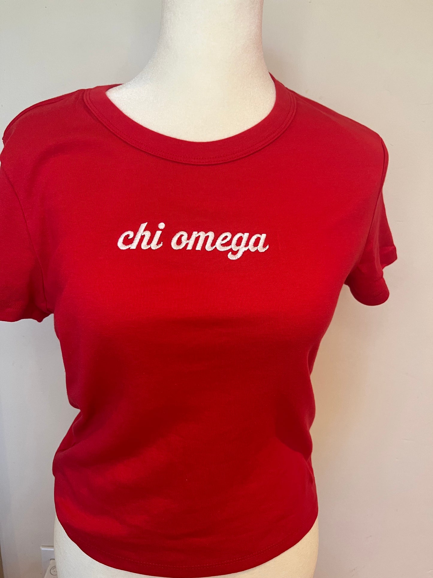 Chi Omega embroidered baby tee